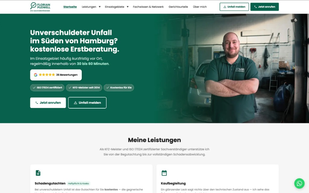 Screenshot von Florian Pudwell KFZ-Sachverständiger